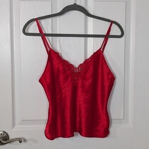 Vintage Frederick's‎ of Hollywood Lacey V-Neck Red Satin Slip Top Size Small